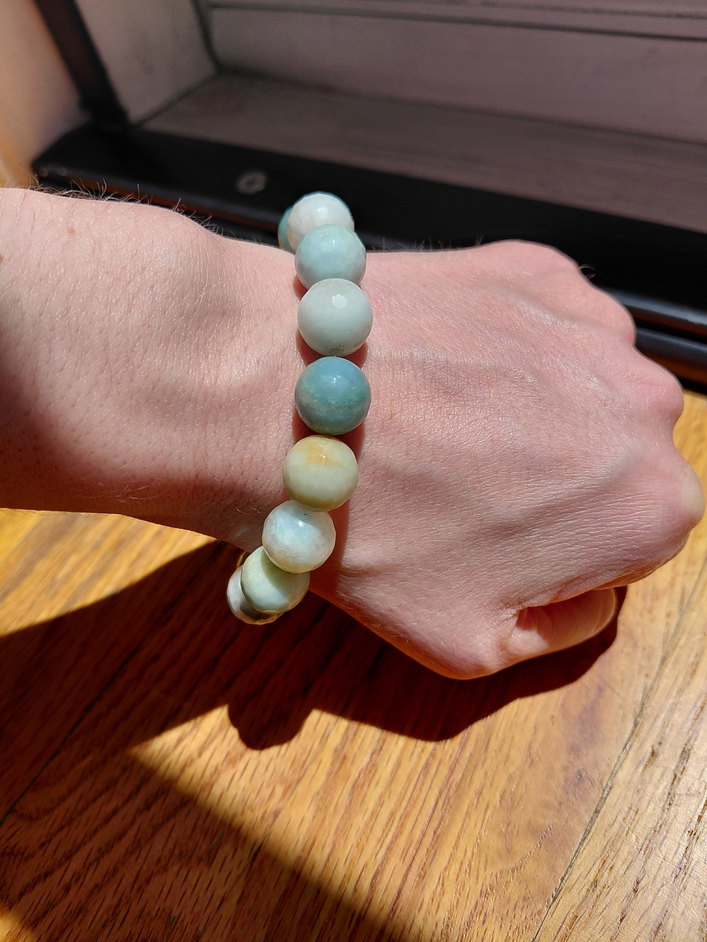 Amazonite Beaded Stretch Bracelet in Light Aqua with Rhinestone Accent - Picture 2 of 3